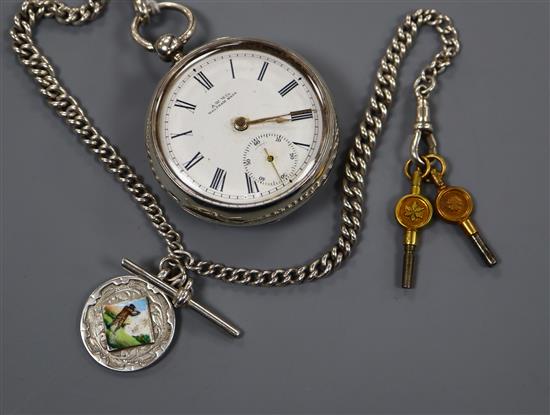 A late 19th century American silver Waltham open face pocket watch with silver albert and silver medallion.